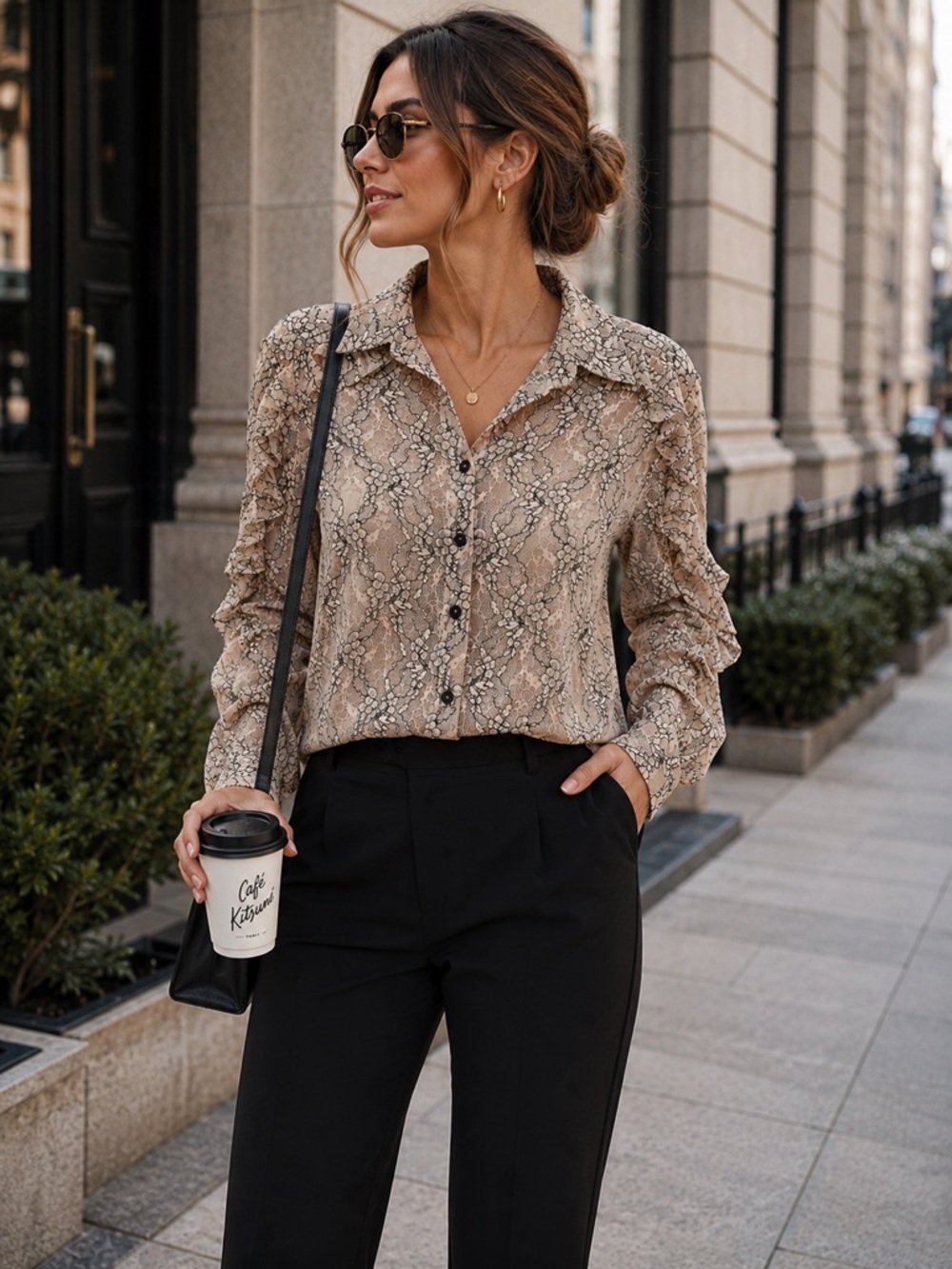Zara Sheer Lace Ruffle Blouse | Nude Beige & Black | Size M